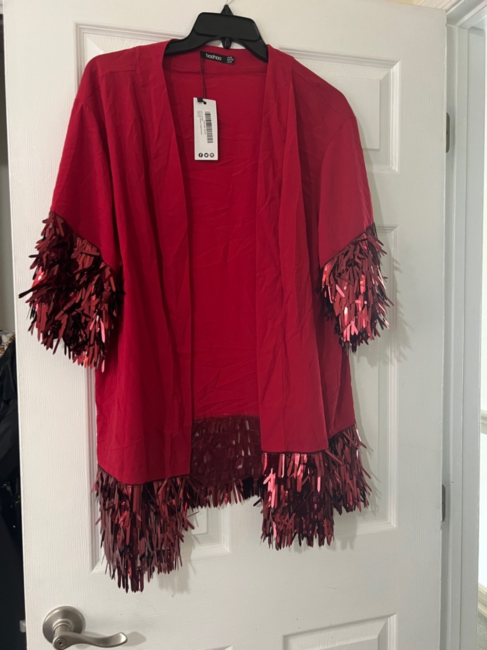 Boohoo Red Sequin Fringe Open Kimono